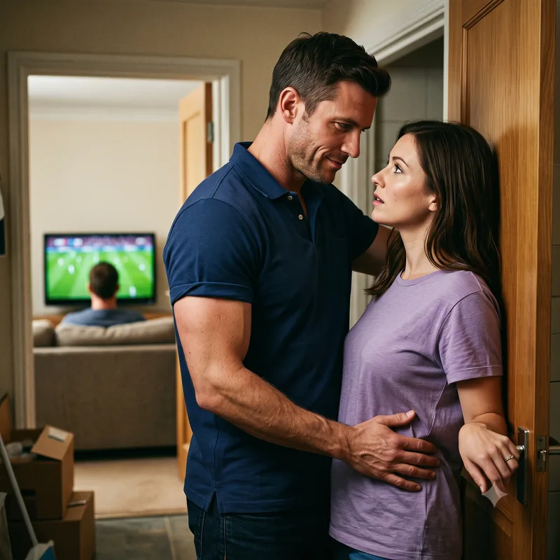 Casal em posição íntima perto de porta enquanto outro homem assiste tv