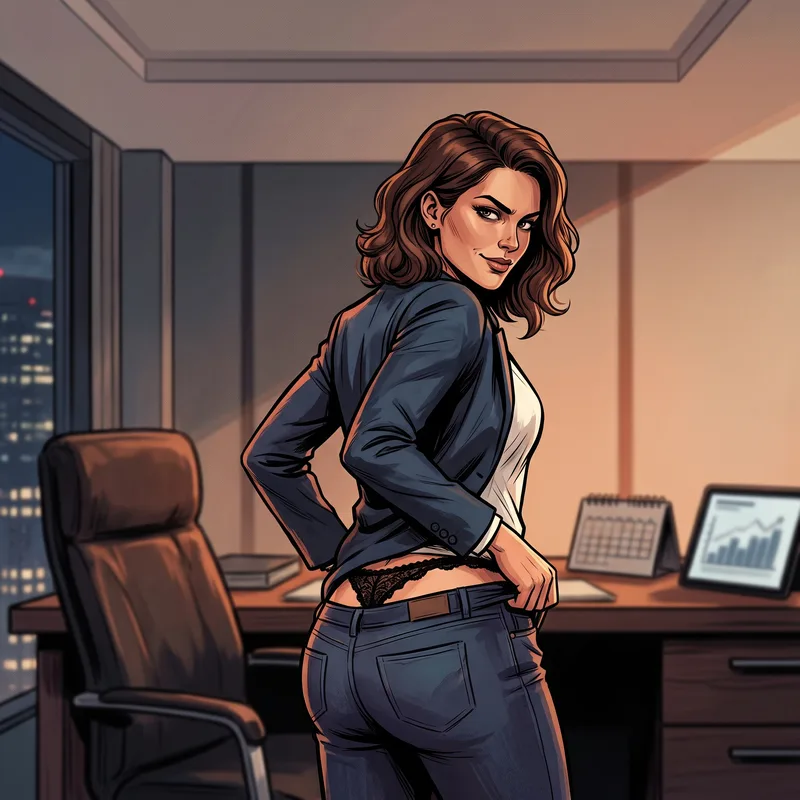 Executiva em escritório noturno olha sedutoramente, puxando jeans e revelando lingerie.