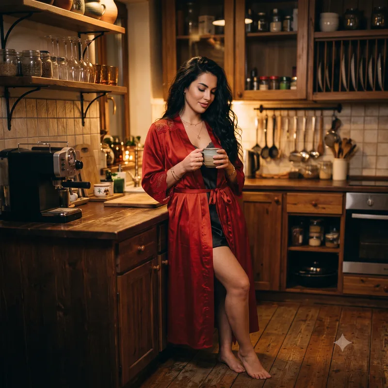 Mulher de cabelos pretos e ondulados em roupão de cetim vermelho, segurando uma xícara em uma cozinha aconchegante.