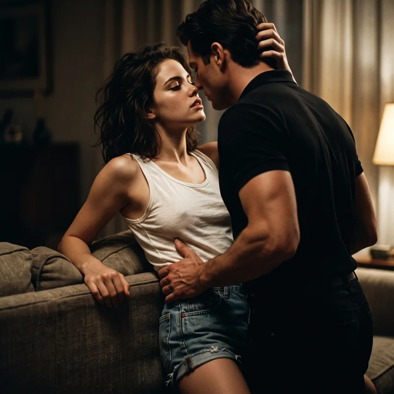 Casal em posição íntima no sofá