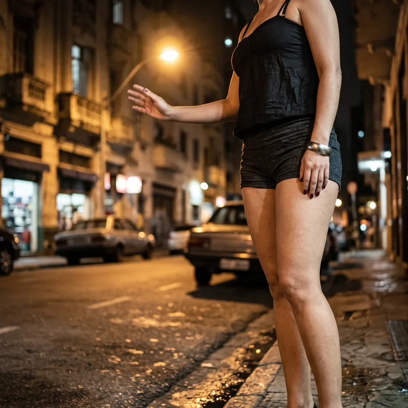 Mulher de blusa preta na calçada à noite, acenando para um carro.