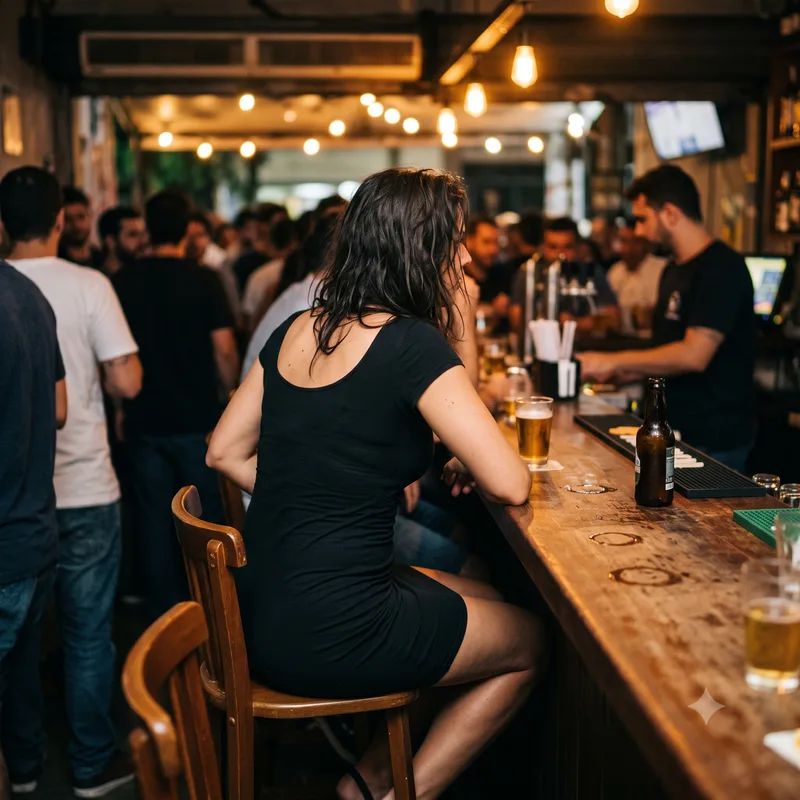 Mulher de vestido preto justo sentada no balcão de um bar movimentado à noite.